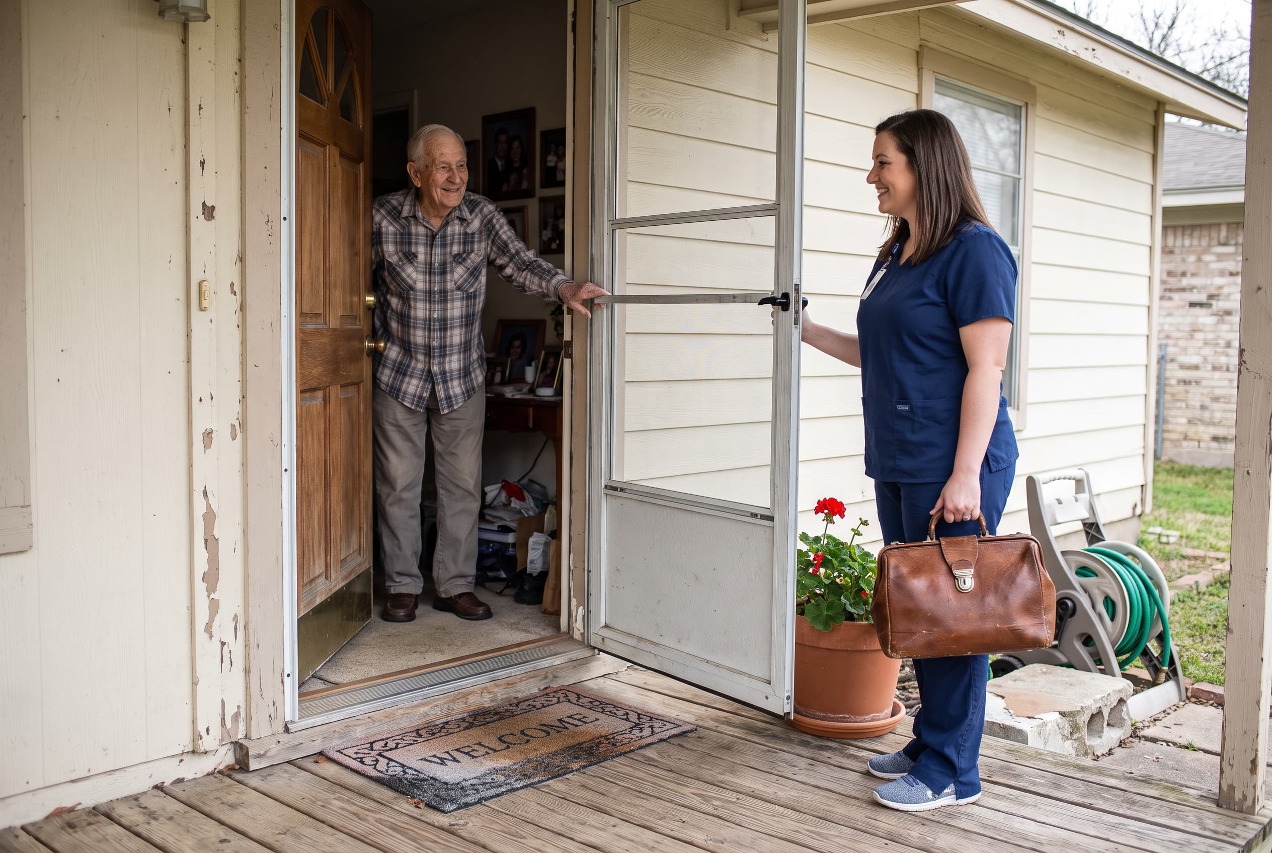 A home-health nurse arriving at a patient’s home.