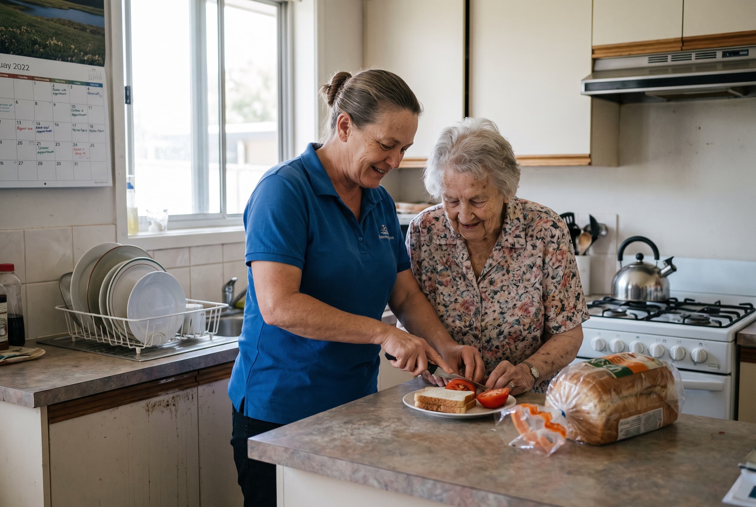A caregiver helps an older adult with everyday tasks at home.