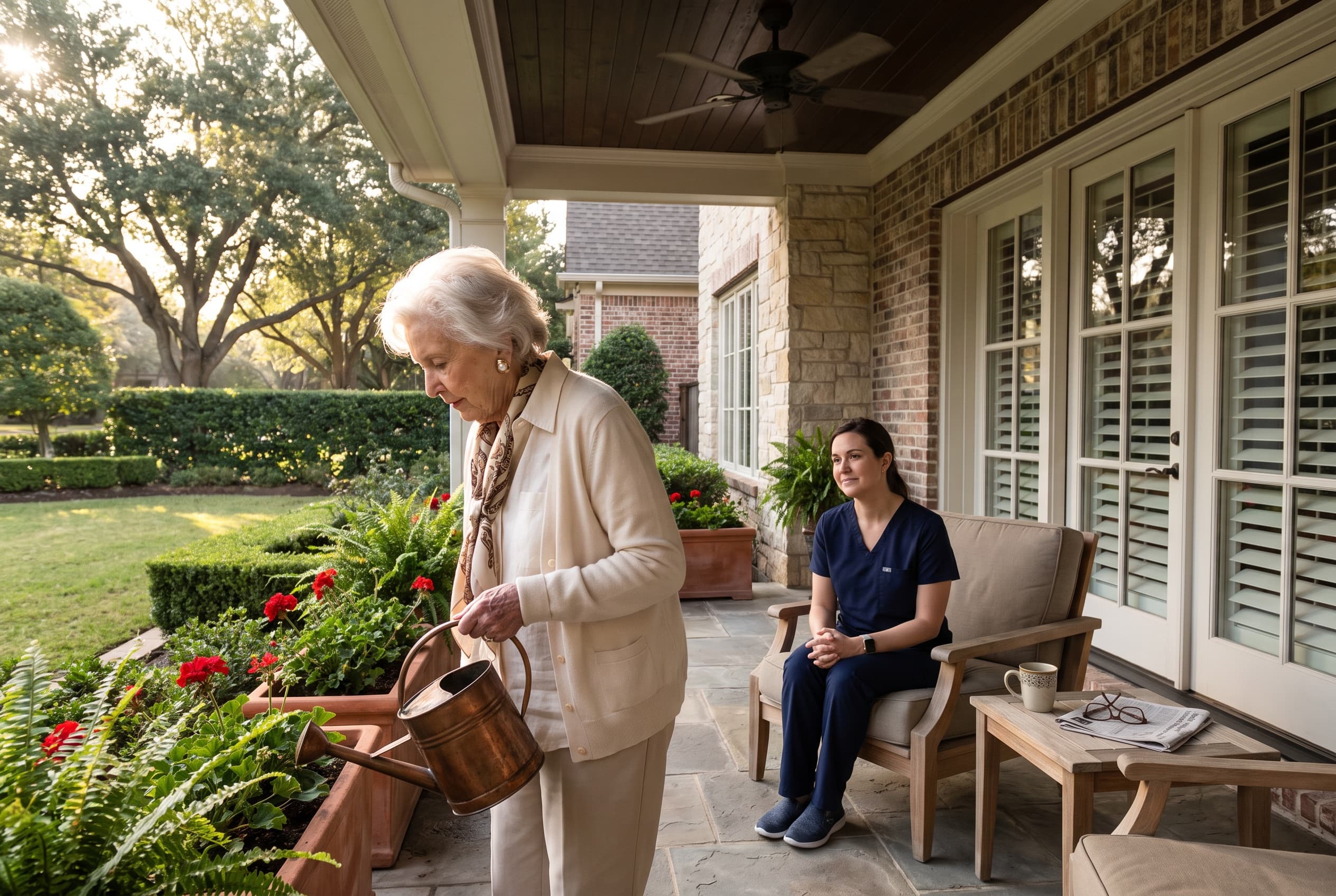 An older woman outside her home with a Lifecare Options attendant nearby.