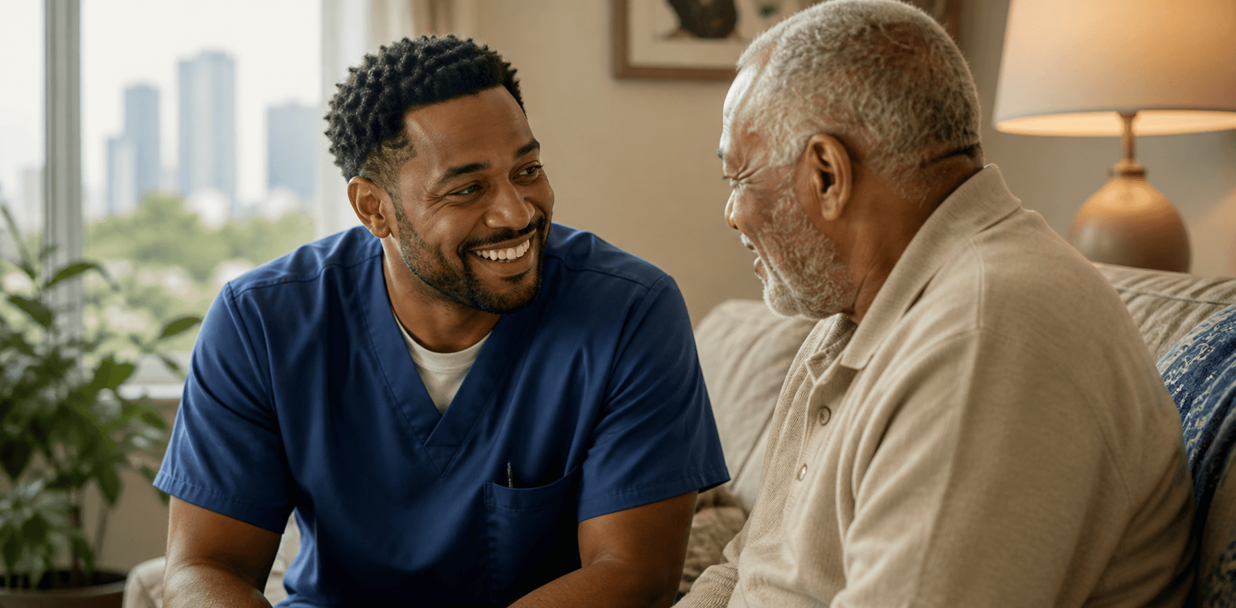 A Lifecare clinician speaks with a patient during a home health visit.
