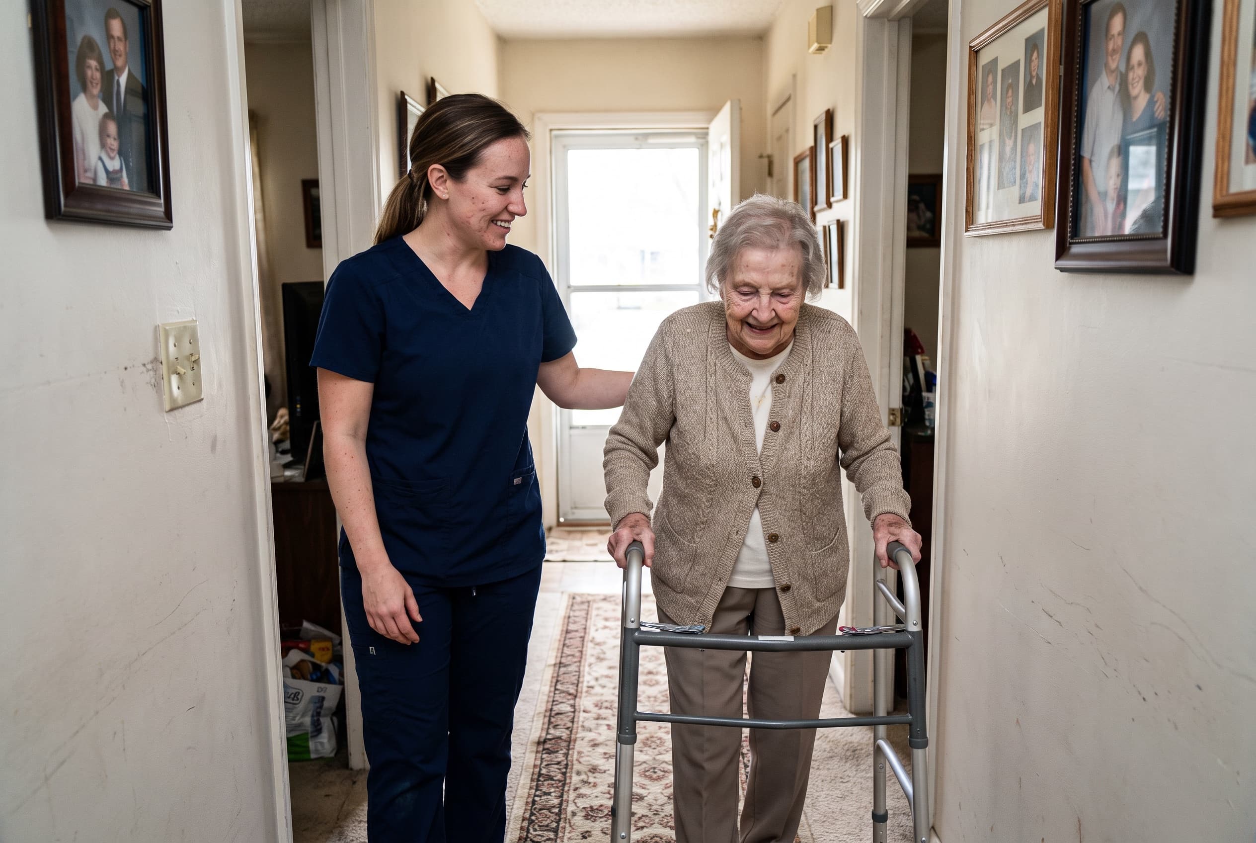 A therapist helping an older woman walk with a walker at home.