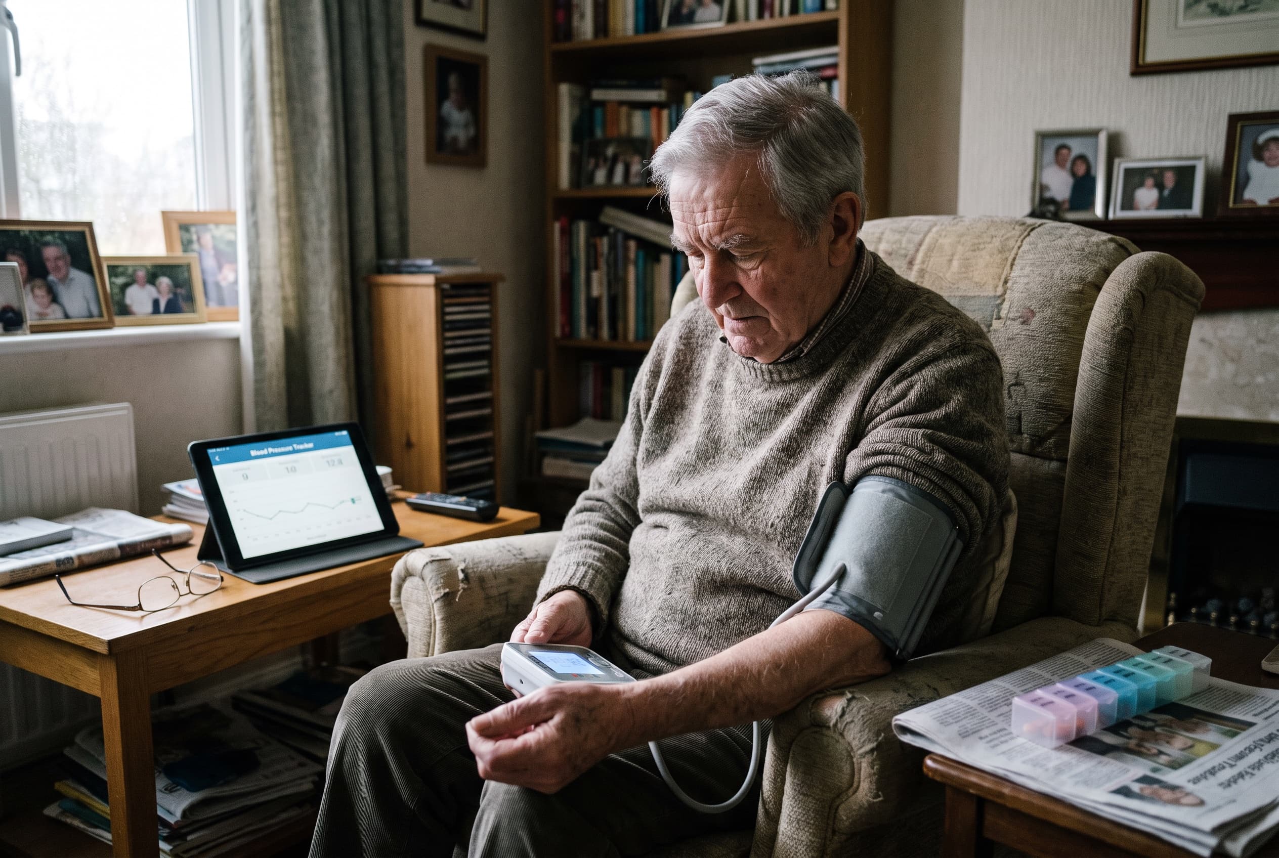 An older man checking his own blood pressure at home with a connected monitor.